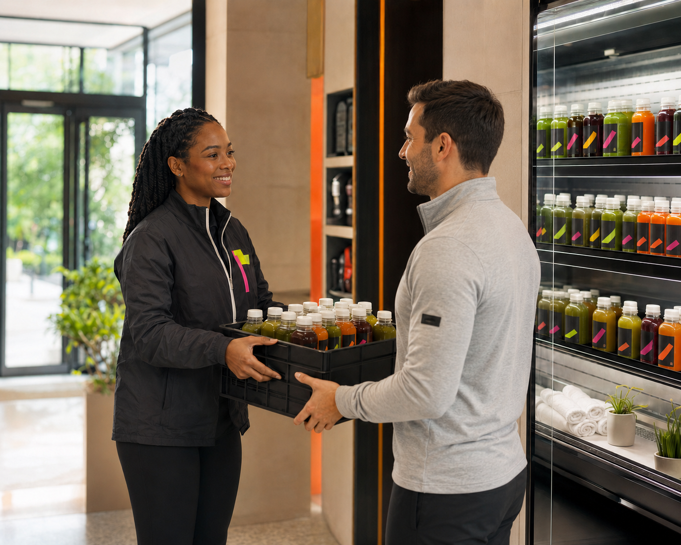 A Bloom Fellow delivering fresh juice bottles to a gym partner