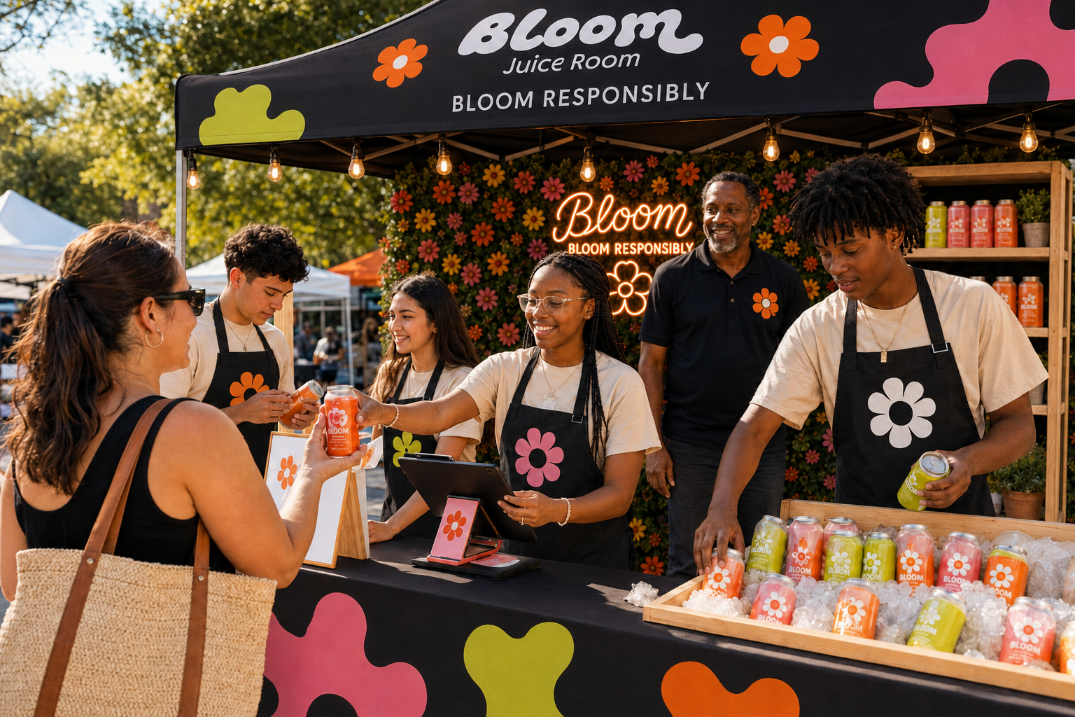 Teens in black aprons running the Bloom Juice Room booth with a Youth Business Coach serving a customer